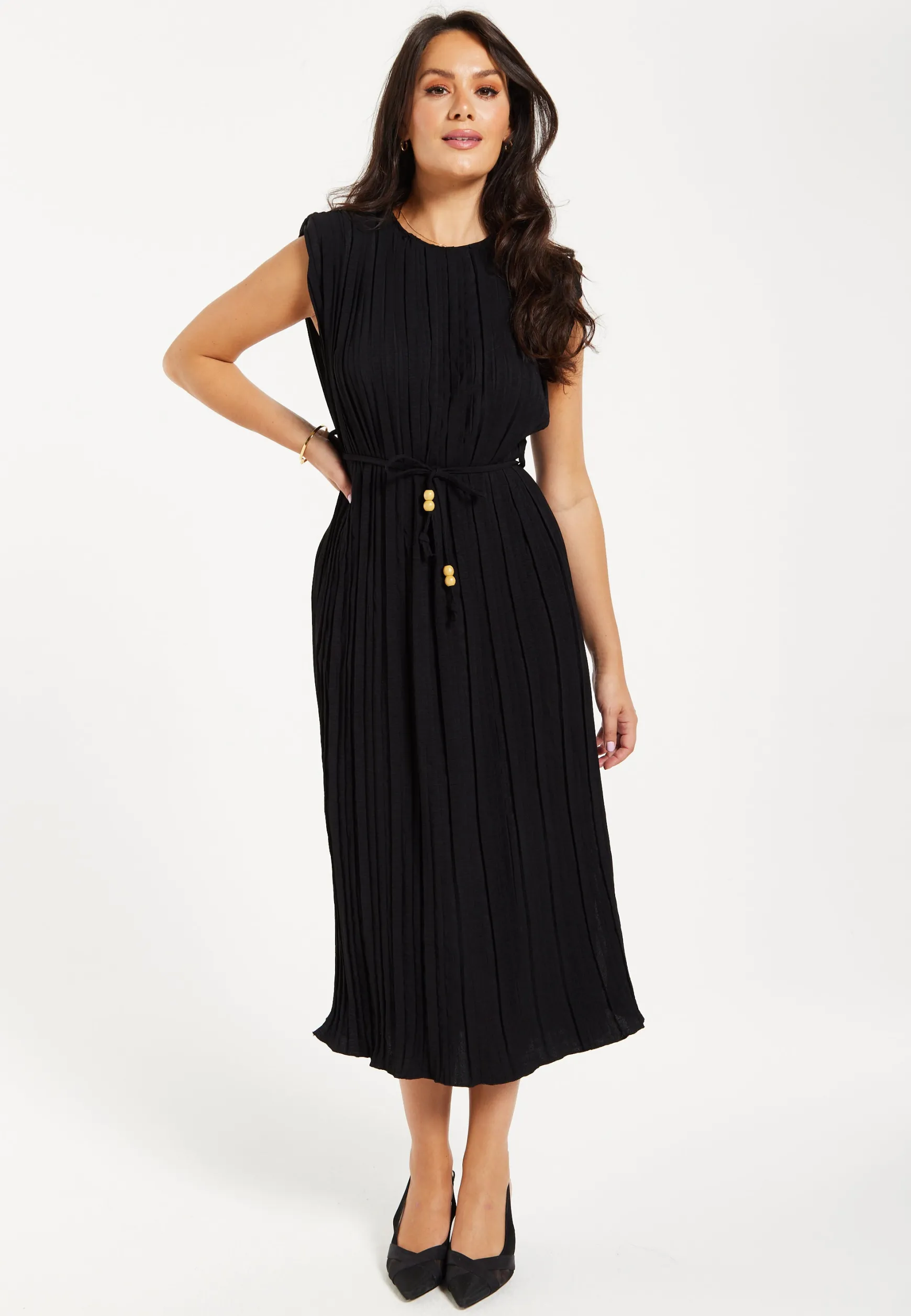 Women's Midi Dress with Short Sleeves in Black, Pleated Design and Waist Tie, Perfect for Any Occasion - Liquorish