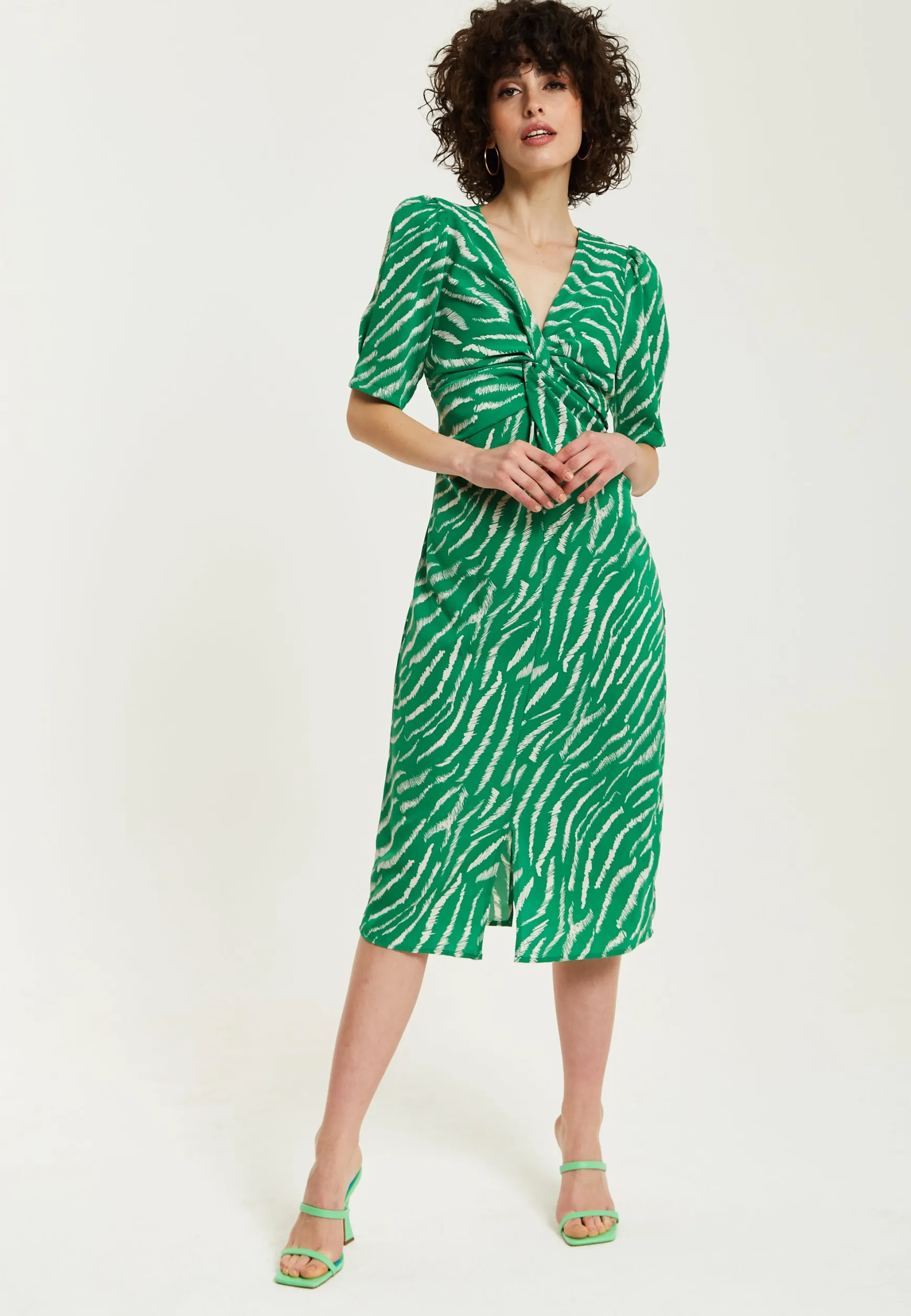 Women's Midi Dress with Short Sleeves in Green Zebra Print and Knot Front Design - Liquorish