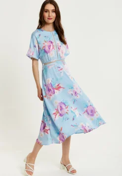 Women's Midi Dress with Short Sleeves in Blue Floral Print and Mesh Detail - Liquorish