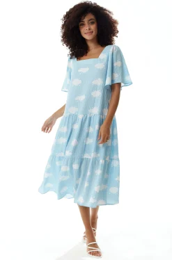Women's Midi Dress with Short Sleeves and Cloud Print in Blue by Liquorish
