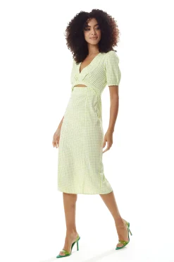Women's Midi Dress with Short Sleeves in Green and White Gingham - Cut Out Front - Deep V Neck - Liquorish