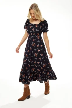 Women's Midi Dress with Short Sleeves and Floral Print in Black - Stylish Cut Out Back by Liquorish
