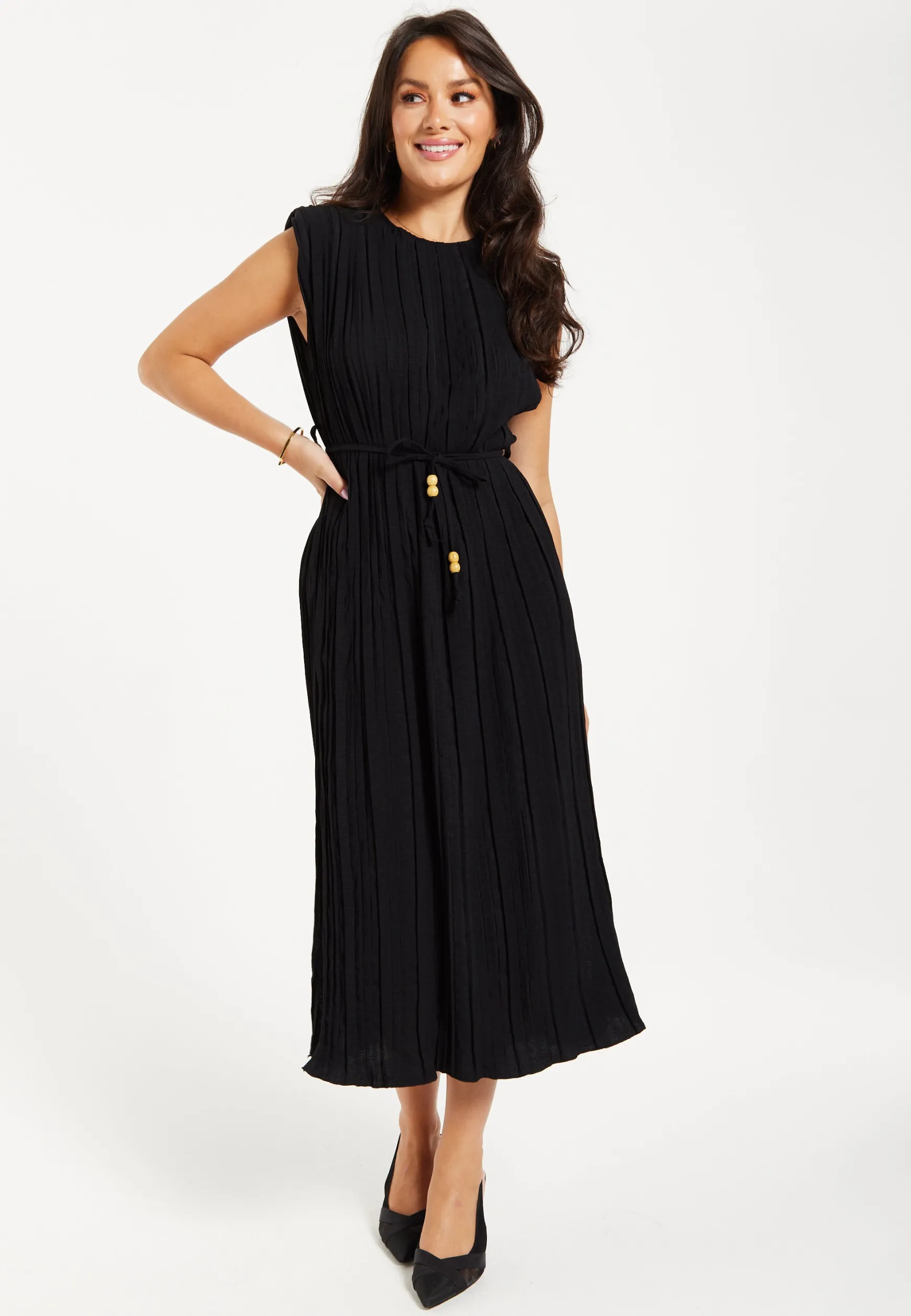 Women's Midi Dress with Short Sleeves in Black, Pleated Design and Waist Tie, Perfect for Any Occasion - Liquorish