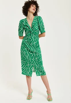 Women's Midi Dress with Short Sleeves in Green Zebra Print and Knot Front Design - Liquorish