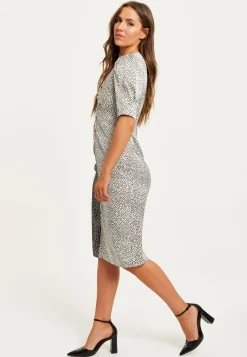 Women’s Midi Dress with Short Sleeves - Polka Dot Knot Front in Black - Stylish V Neck Design by Liquorish