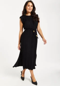 Women's Midi Dress with Short Sleeves in Black, Pleated Design and Waist Tie, Perfect for Any Occasion - Liquorish