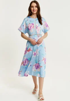 Women's Midi Dress with Short Sleeves in Blue Floral Print and Mesh Detail - Liquorish