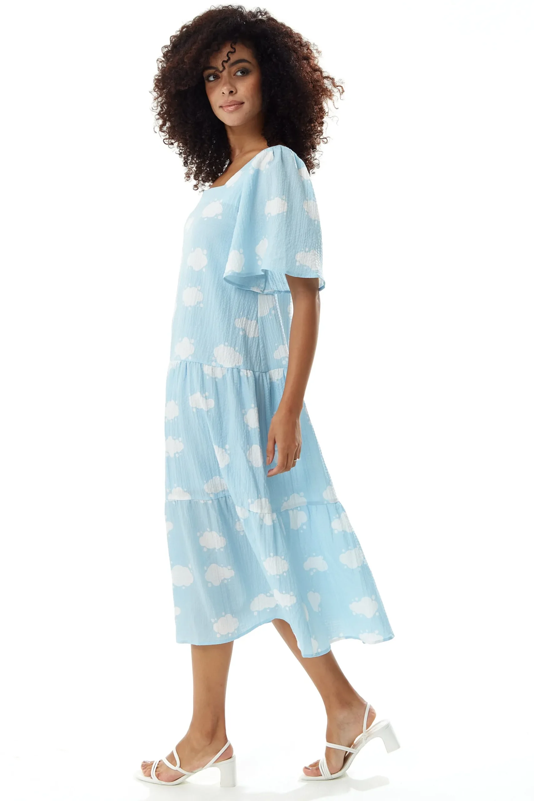 Women's Midi Dress with Short Sleeves and Cloud Print in Blue by Liquorish