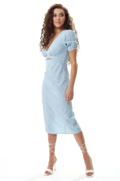 Women's Midi Dress with Short Sleeves and Cut Out Front in Blue and White - Liquorish