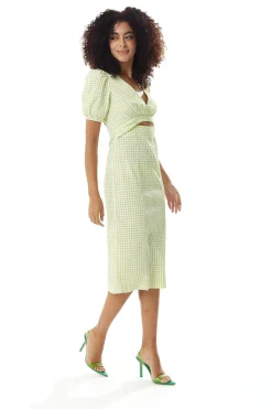 Women's Midi Dress with Short Sleeves in Green and White Gingham - Cut Out Front - Deep V Neck - Liquorish