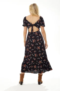 Women's Midi Dress with Short Sleeves and Floral Print in Black - Stylish Cut Out Back by Liquorish