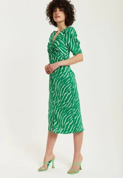 Women's Midi Dress with Short Sleeves in Green Zebra Print and Knot Front Design - Liquorish