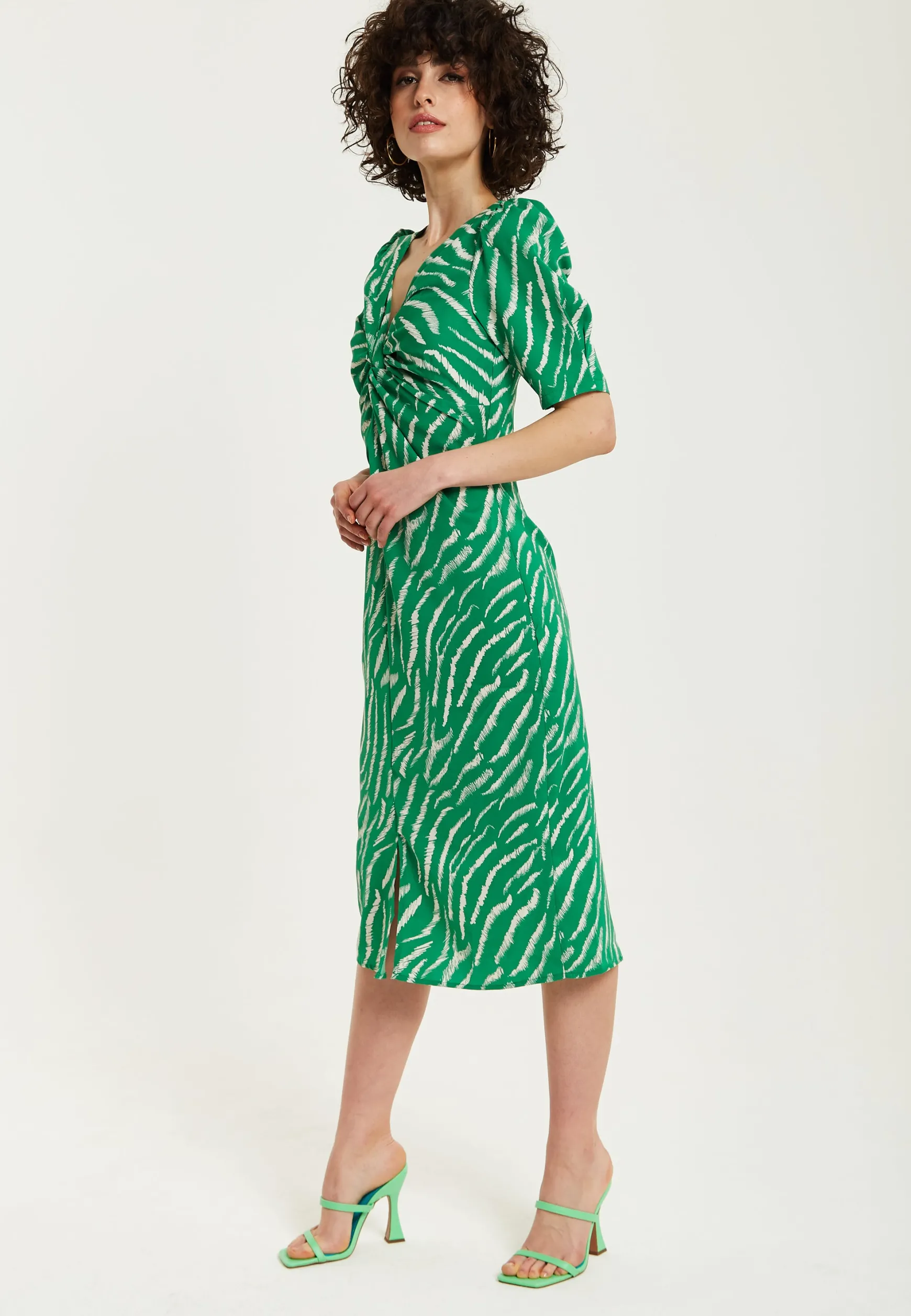 Women's Midi Dress with Short Sleeves in Green Zebra Print and Knot Front Design - Liquorish