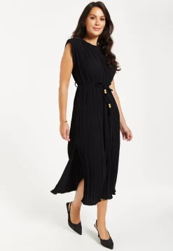 Women's Midi Dress with Short Sleeves in Black, Pleated Design and Waist Tie, Perfect for Any Occasion - Liquorish