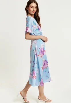 Women's Midi Dress with Short Sleeves in Blue Floral Print and Mesh Detail - Liquorish
