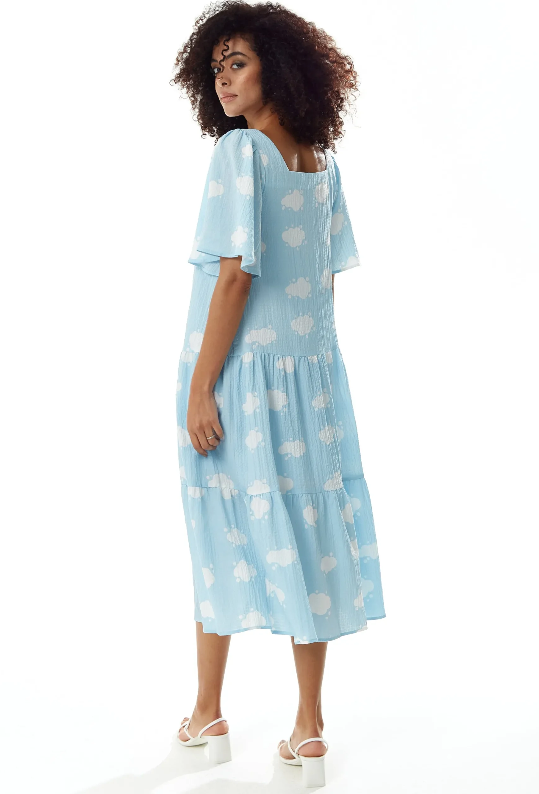 Women's Midi Dress with Short Sleeves and Cloud Print in Blue by Liquorish