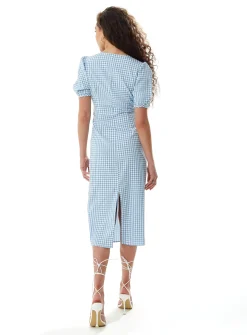 Women's Midi Dress with Short Sleeves and Cut Out Front in Blue and White - Liquorish