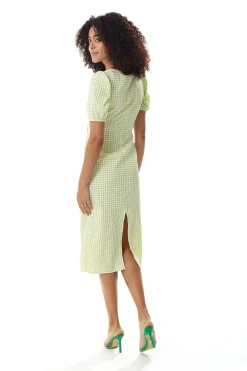 Women's Midi Dress with Short Sleeves in Green and White Gingham - Cut Out Front - Deep V Neck - Liquorish