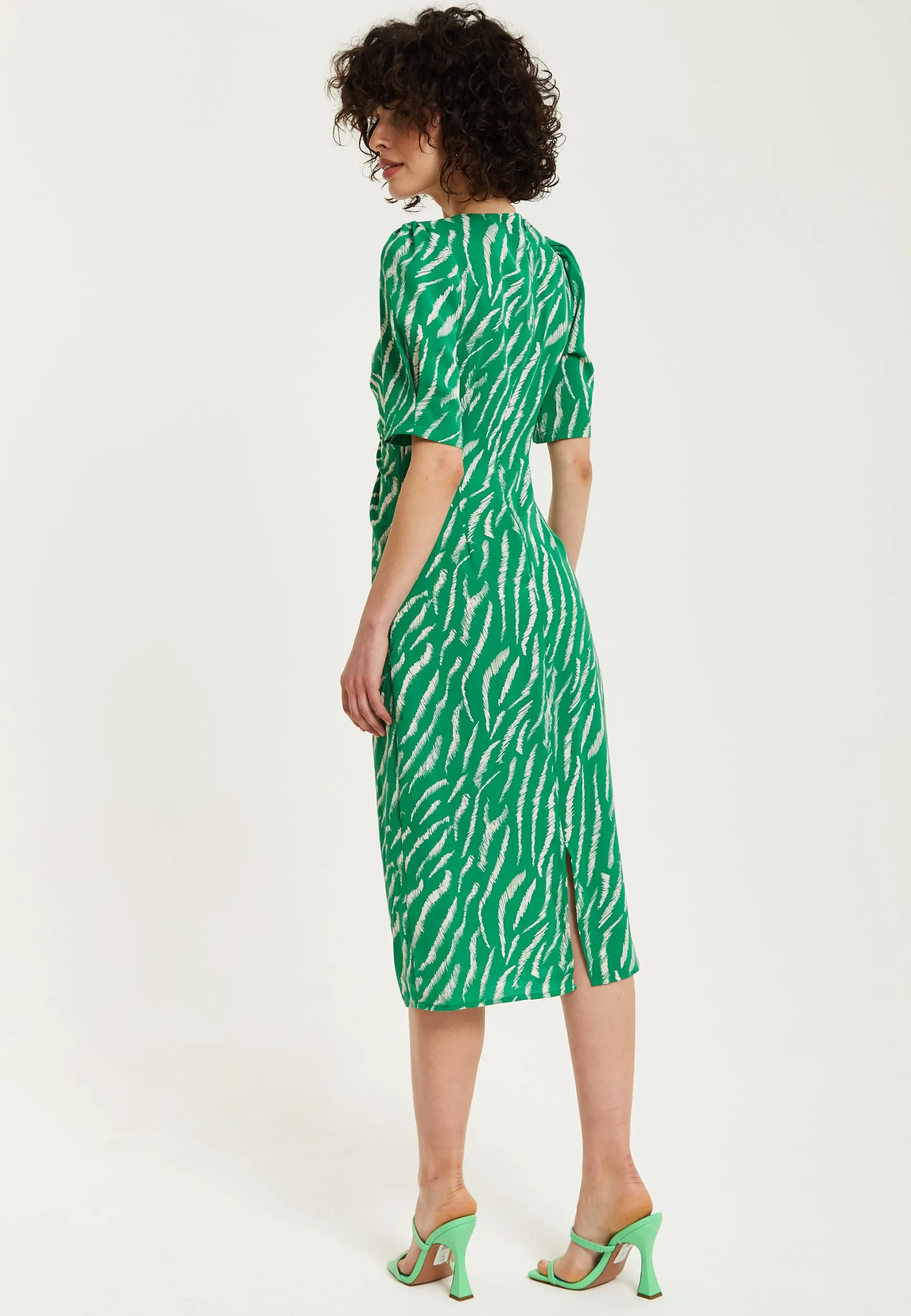 Women's Midi Dress with Short Sleeves in Green Zebra Print and Knot Front Design - Liquorish