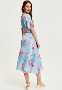 Women's Midi Dress with Short Sleeves in Blue Floral Print and Mesh Detail - Liquorish