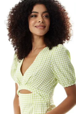 Women's Midi Dress with Short Sleeves in Green and White Gingham - Cut Out Front - Deep V Neck - Liquorish