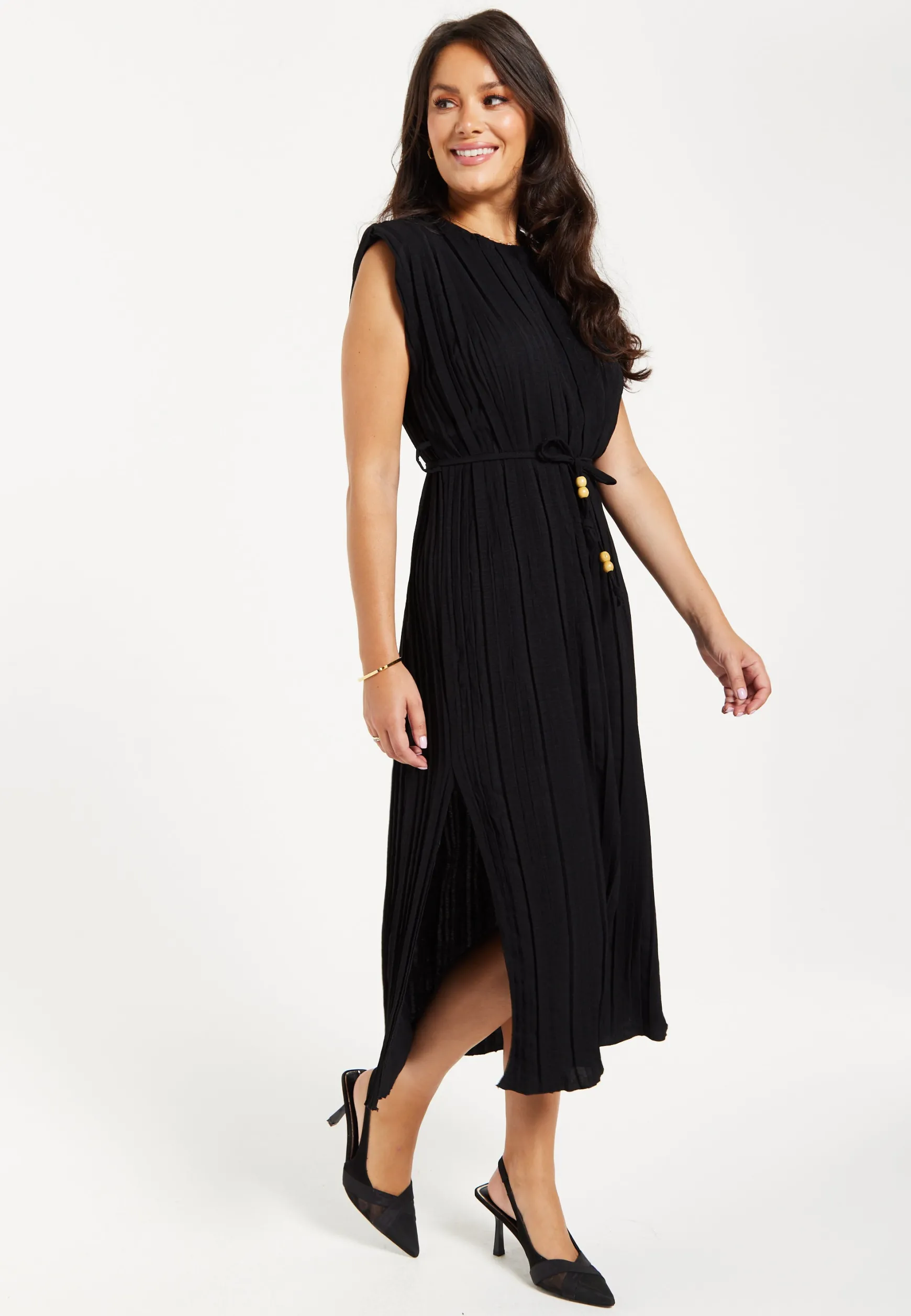 Women's Midi Dress with Short Sleeves in Black, Pleated Design and Waist Tie, Perfect for Any Occasion - Liquorish