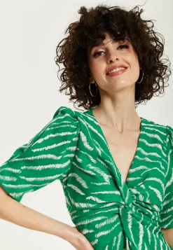 Women's Midi Dress with Short Sleeves in Green Zebra Print and Knot Front Design - Liquorish