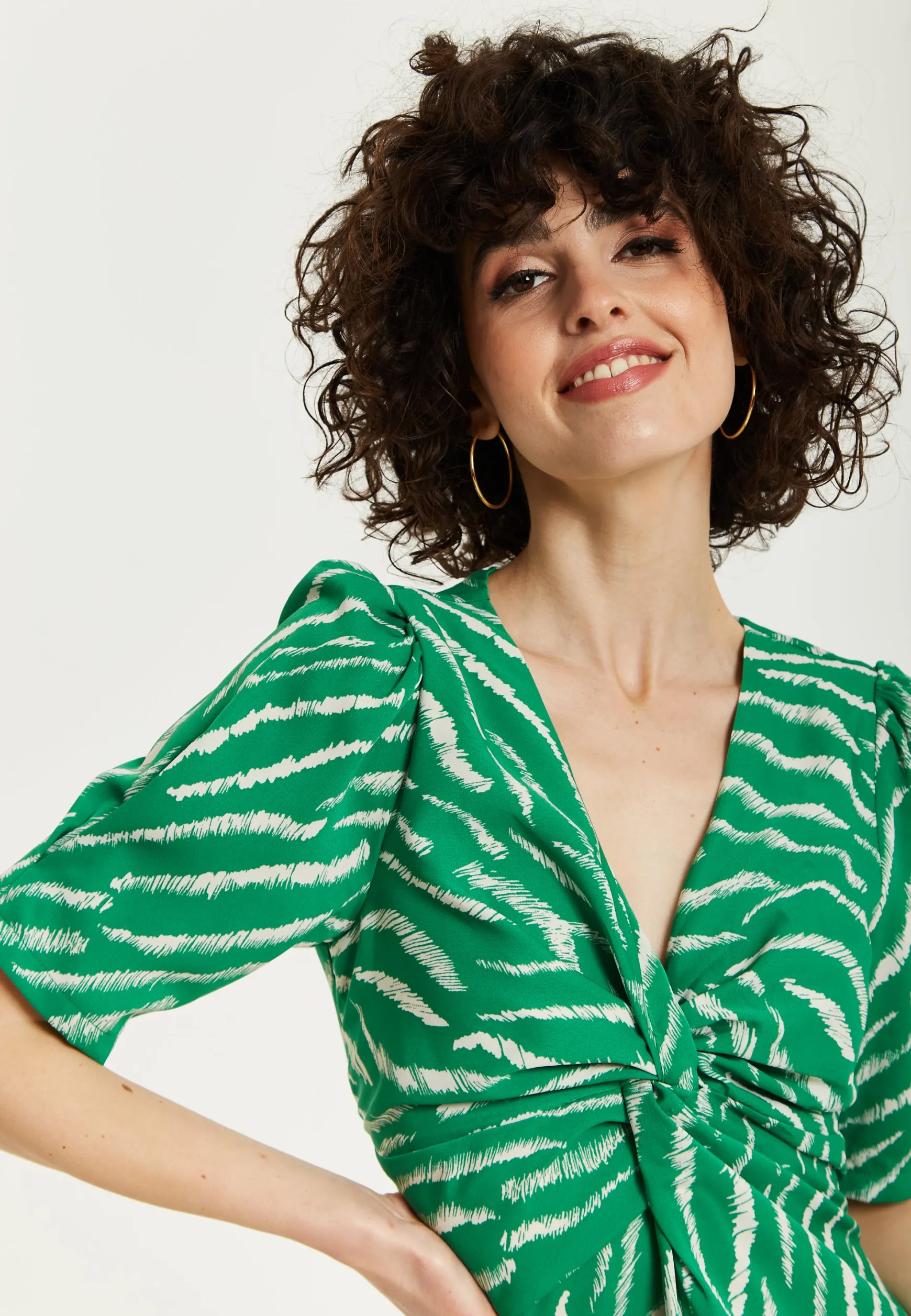 Women's Midi Dress with Short Sleeves in Green Zebra Print and Knot Front Design - Liquorish