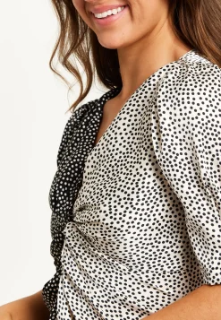 Women’s Midi Dress with Short Sleeves - Polka Dot Knot Front in Black - Stylish V Neck Design by Liquorish