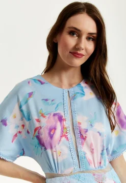 Women's Midi Dress with Short Sleeves in Blue Floral Print and Mesh Detail - Liquorish