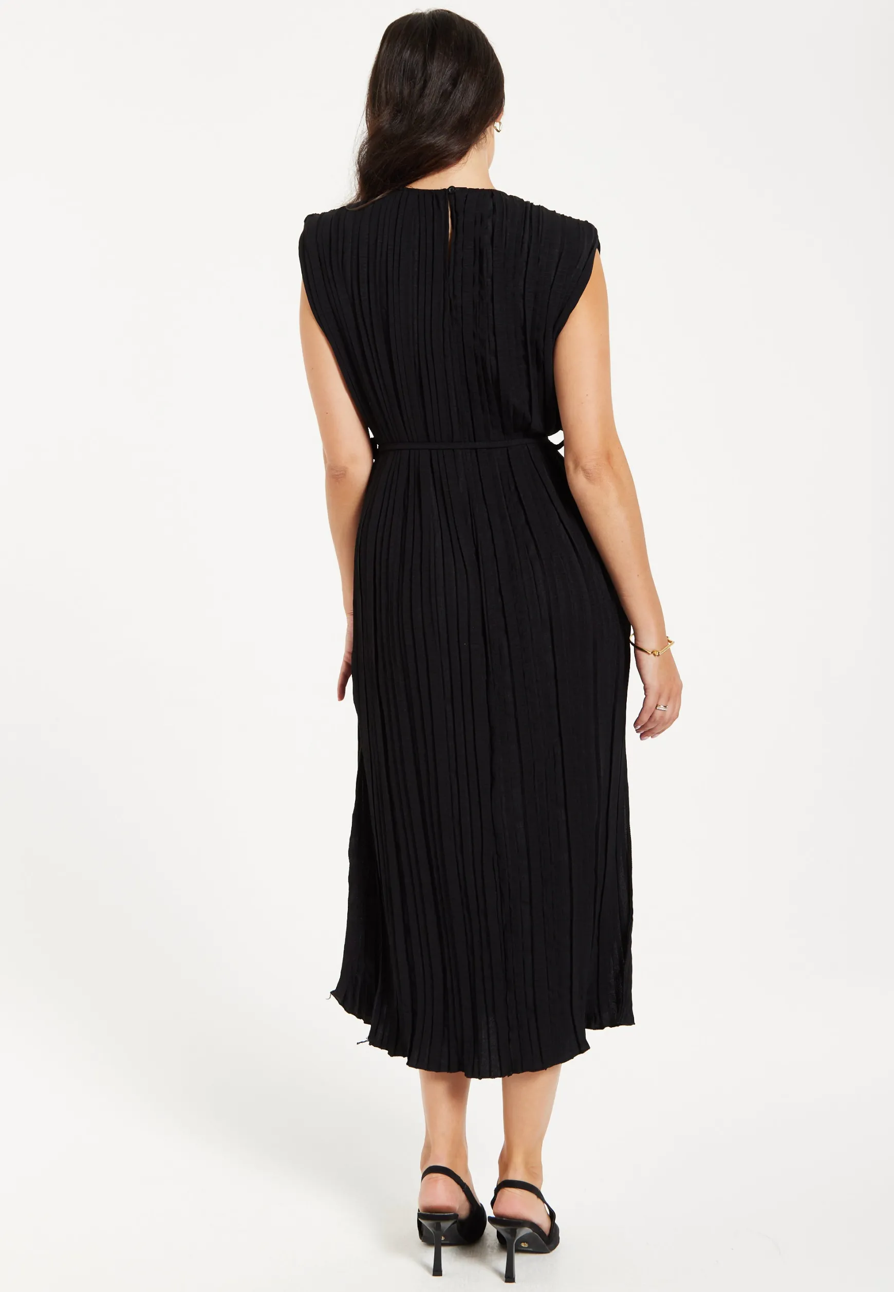 Women's Midi Dress with Short Sleeves in Black, Pleated Design and Waist Tie, Perfect for Any Occasion - Liquorish