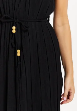 Women's Midi Dress with Short Sleeves in Black, Pleated Design and Waist Tie, Perfect for Any Occasion - Liquorish