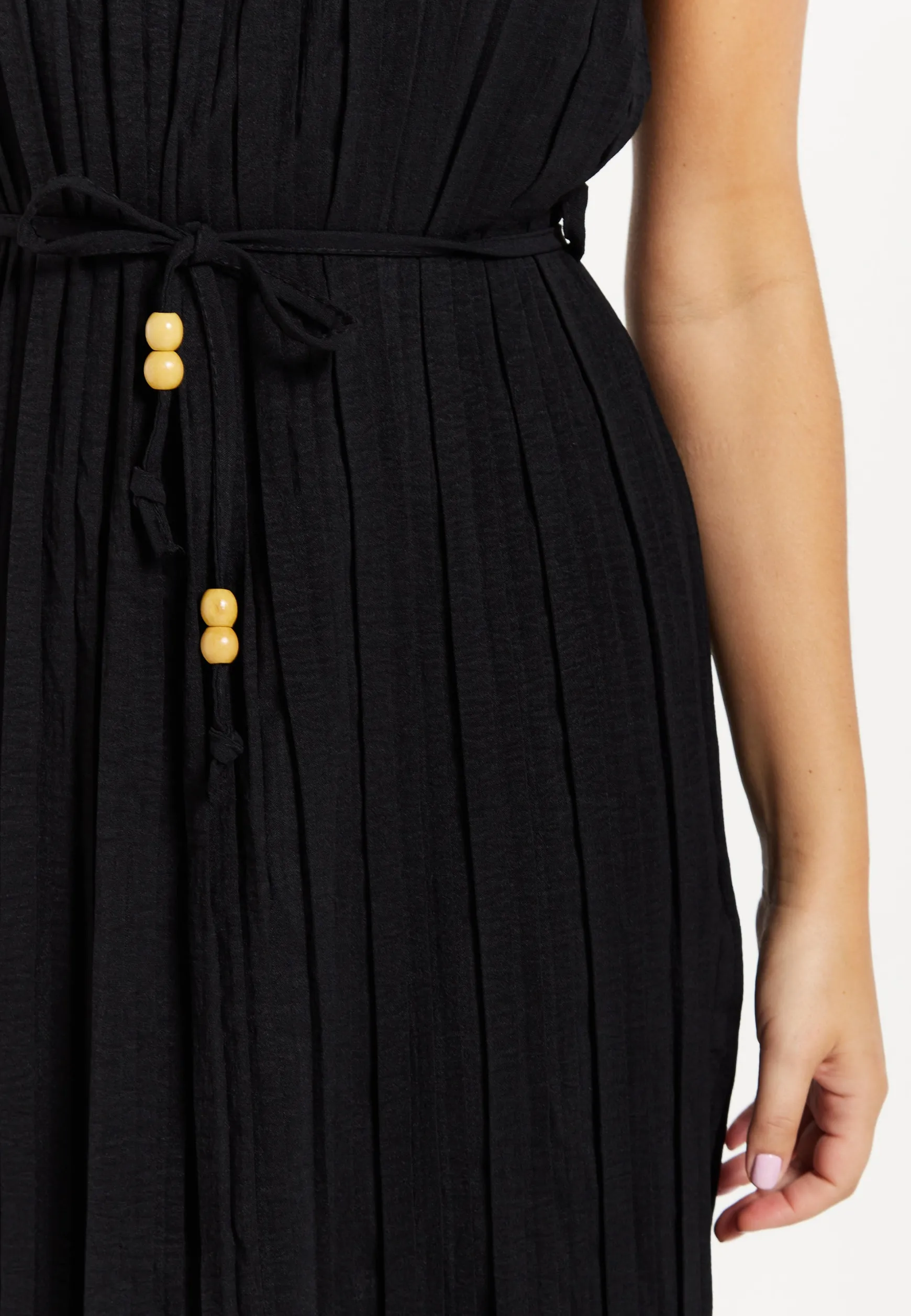 Women's Midi Dress with Short Sleeves in Black, Pleated Design and Waist Tie, Perfect for Any Occasion - Liquorish