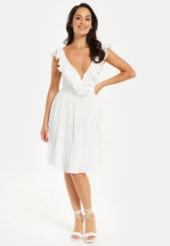 Women's Midi Dress with Sleeves in White - Pleated Frill Detail V Neck Style by Liquorish