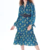 Women's Midi Dress with Sleeveless Design in Blue, Yellow & Navy - Tiered Skirt Detail by Liquorish