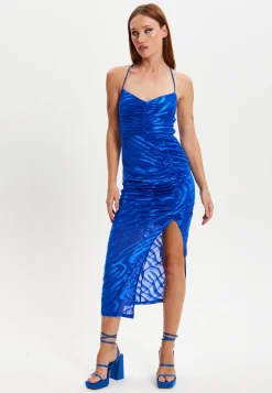 Women's Midi Dress with Sleeveless Design in Royal Blue Zebra Print - Liquorish