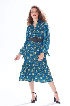 Women's Midi Dress with Sleeveless Design in Blue, Yellow & Navy - Tiered Skirt Detail by Liquorish