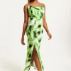 Women's Midi Dress with Slit Front, Cowl Neck, Abstract Green & Black Print, Adjustable Strap, Sleeveless Design - Liquorish