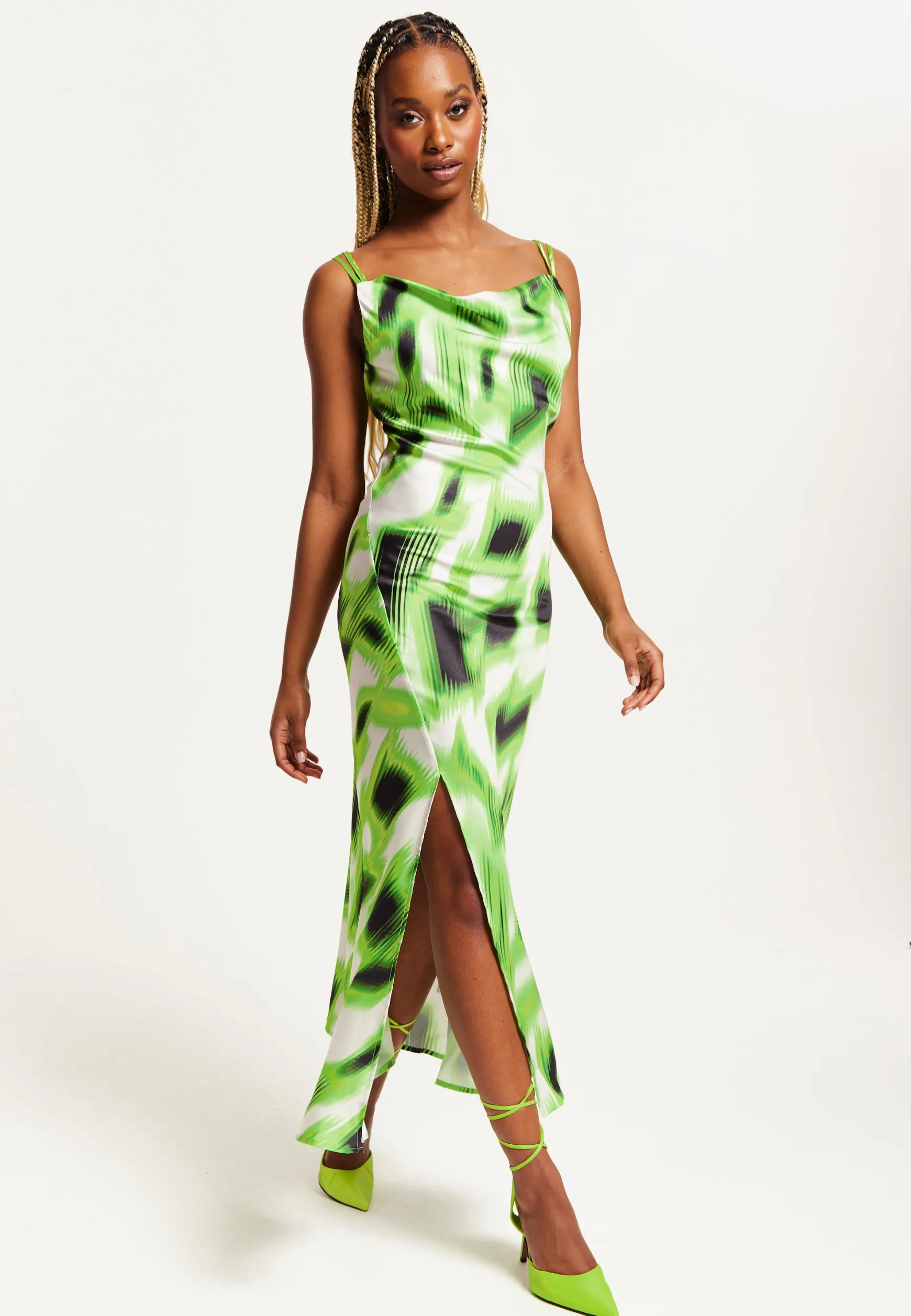 Women's Midi Dress with Slit Front, Cowl Neck, Abstract Green & Black Print, Adjustable Strap, Sleeveless Design - Liquorish