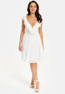 Women's Midi Dress with Sleeves in White - Pleated Frill Detail V Neck Style by Liquorish