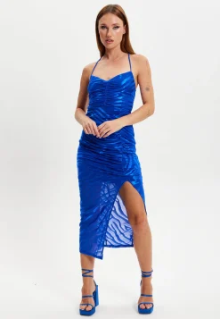 Women's Midi Dress with Sleeveless Design in Royal Blue Zebra Print - Liquorish