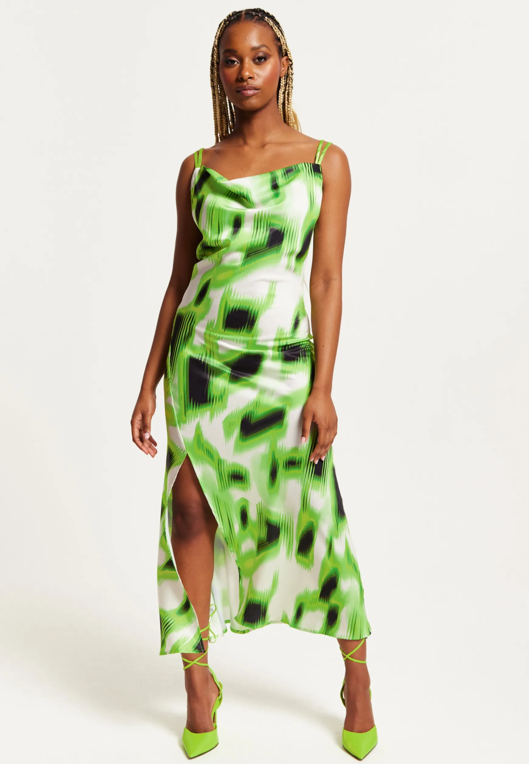 Women's Midi Dress with Slit Front, Cowl Neck, Abstract Green & Black Print, Adjustable Strap, Sleeveless Design - Liquorish
