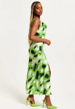 Women's Midi Dress with Slit Front, Cowl Neck, Abstract Green & Black Print, Adjustable Strap, Sleeveless Design - Liquorish