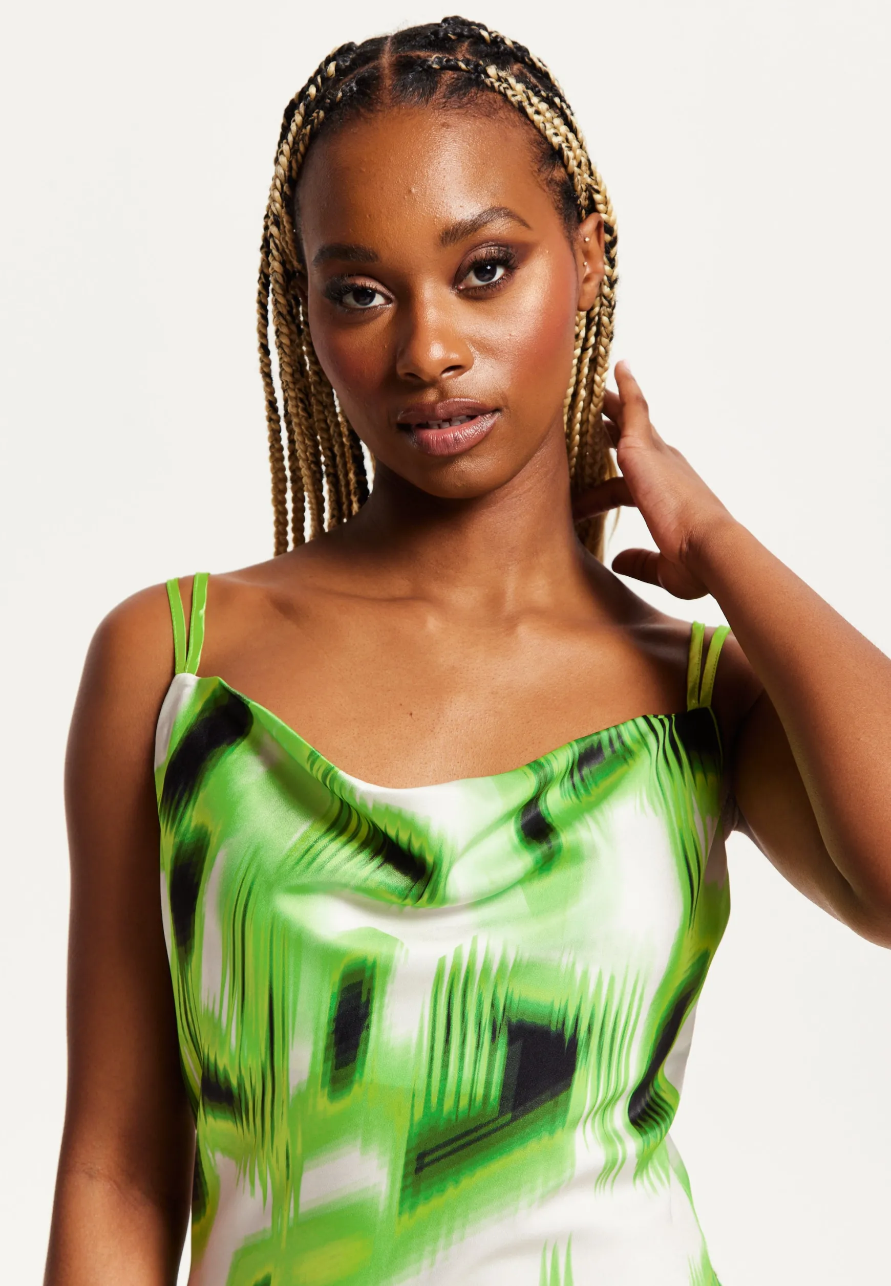 Women's Midi Dress with Slit Front, Cowl Neck, Abstract Green & Black Print, Adjustable Strap, Sleeveless Design - Liquorish
