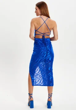 Women's Midi Dress with Sleeveless Design in Royal Blue Zebra Print - Liquorish