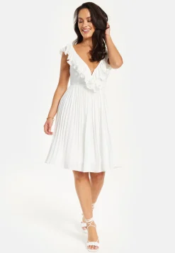 Women's Midi Dress with Sleeves in White - Pleated Frill Detail V Neck Style by Liquorish