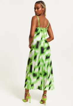 Women's Midi Dress with Slit Front, Cowl Neck, Abstract Green & Black Print, Adjustable Strap, Sleeveless Design - Liquorish