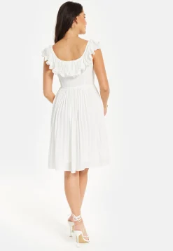 Women's Midi Dress with Sleeves in White - Pleated Frill Detail V Neck Style by Liquorish