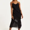 Women's Midi Dress with Spaghetti Straps and Diagonal Frill Detail in Black - Liquorish