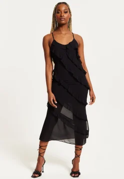 Women's Midi Dress with Spaghetti Straps and Diagonal Frill Detail in Black - Liquorish